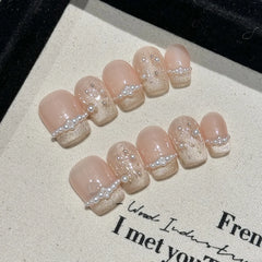 Hnewly 10pcs Mini Flower Fake Nails Short Square Press on Nails Glitter Cat Eye False Nails Full Cover Sweet Cute Manicure Nail Art Tip