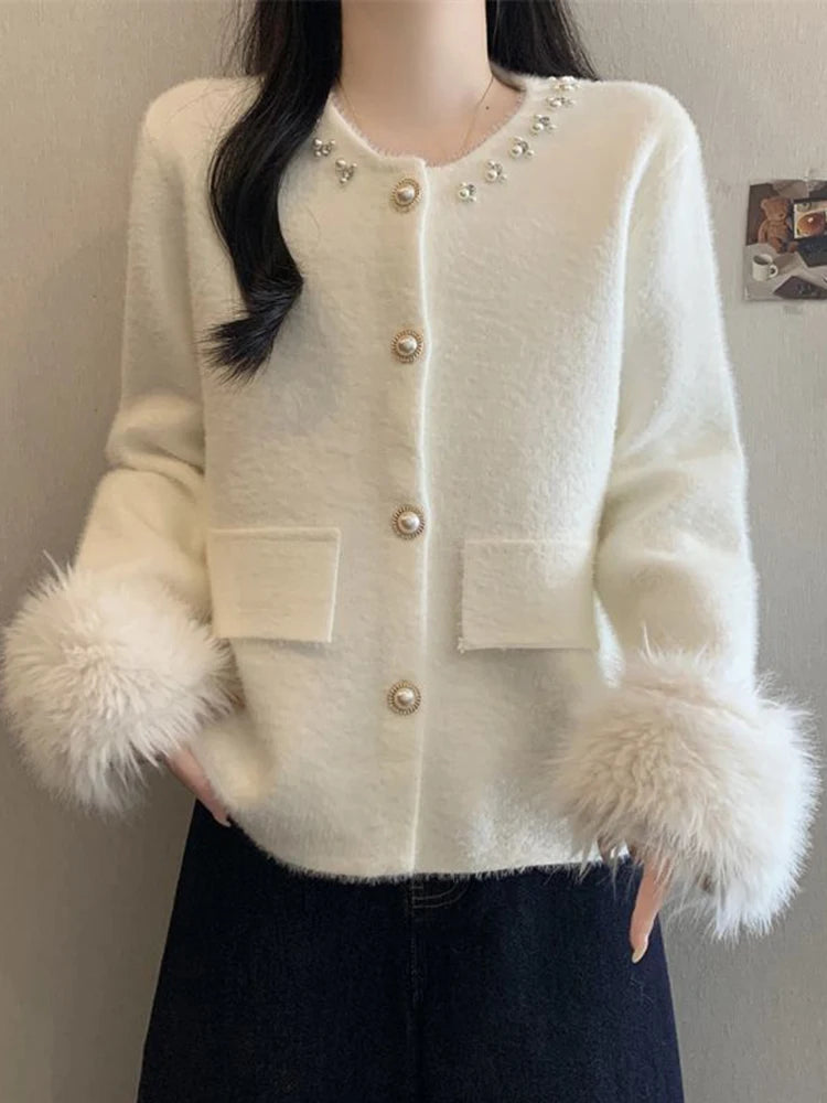 Hnewly  Elegant Pearls Sweet Cardigan Women Vintage O Neck Faux Mink Cashmere Knitted Sweaters Korean Casual Long Sleeve Loose Tops