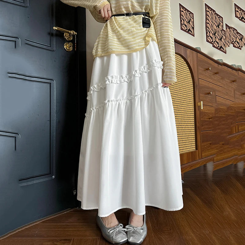 Hnewly  Elegant White Long Skirts for Women Summer Elastic High Waist Ruffles A-Line Skirts Woman Korean Fashion Mid Length Skirt Ladies