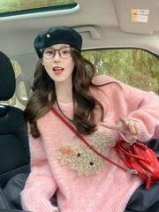 Hnewly  Cute Cartoon Pink Sweater Women Sweet Long Sleeve Knitted Kawaii Jumper Vintage Japan O Neck Lady Casual Lazy Wind Tops New