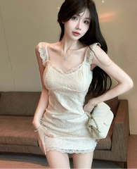 Hnewly  Women Dress Sleeveless Lace Patchwork Slash Neck Slim Elegant French Style Chic Party Mini Dresses Female Fashion