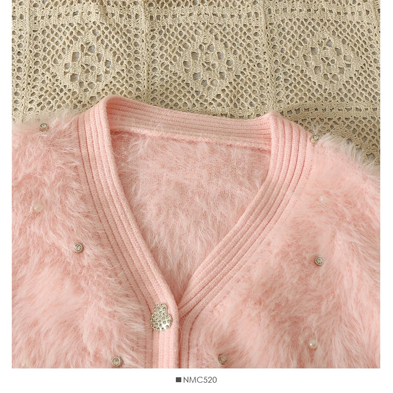 Hnewly  Heart Button Plush Soft Sweater Coat Autumn/Winter New Women's Fashion Shiny Diamond V-Neck Short Knitted Cardigan Top
