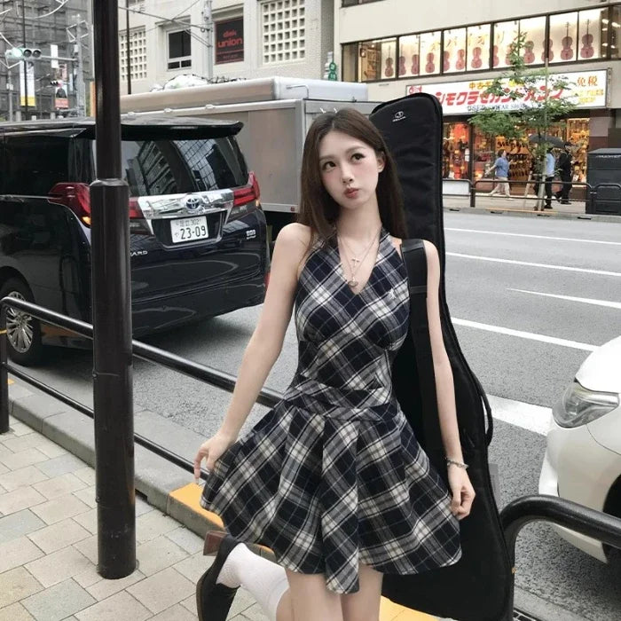 Hnewly V-neck Plaid Mini Dress Women Vintage Streetwear Summer A-line Pleated Vestidos New Design Flattering Waist Harajuku Fashion
