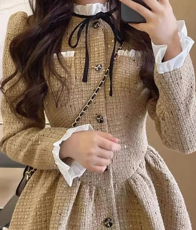 Hnewly Slim Waist Korean Style Women Dress New Ruffled Bow Single Breasted Fashion Female Mini Dresses Sweet Elegant Streetwear