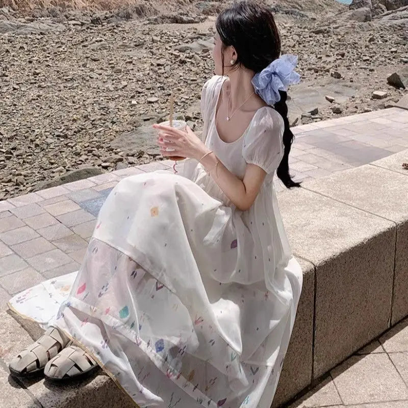 Hnewly  Women Dresses Elegant Square Collar Short Sleeve Summer Fashion Holiday Sweet Casual Female Dress French Style Chic