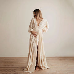 Hnewly  Maternity Photography Props Boho Deep V Neck Pregnancy Photoshoot Dress Lantern Sleeve Tiered Split Gown Women Clothes