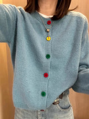 Hnewly  Rainbow Single Breasted Sweater O-neck Knitted Cardigan Korean Sweet Spring  Autumn New Lazy Style Long Sleeve Pink coat