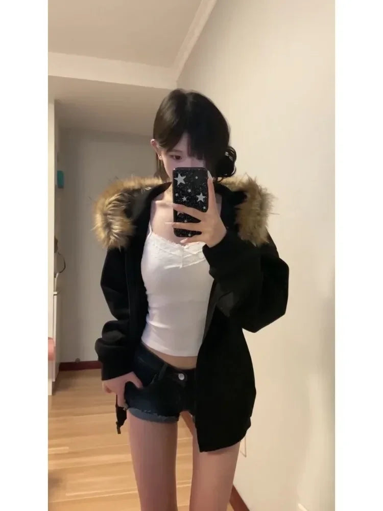 Hnewly Black Zip Up Hoodies Women Vintage Preppy Style Faux Fur Coat Korean Oversized Casual Sweatshirt Harajuku Autumn Winter