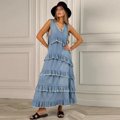 Hnewly  Loose Ruffles Edging Denim Long Dress Women Casual V-neck Sleeveless Female Cake Dresses Summer Lady Fashion Vacation Robe