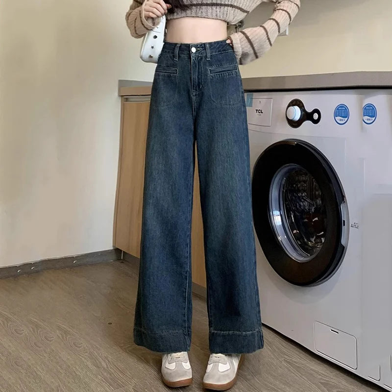 Hnewly  Vintage High Waist Straight Jeans Women Autumn Pockets Wide Leg Pants Woman Korean Streetwear Slimming Denim Trousers Mujer
