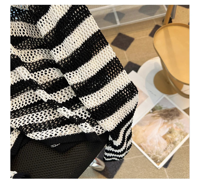 Hnewly Black White Striped Ice Silk Knitted Sweater Women Long Sleeved Loose Lazy Style Mesh Pullover Spicy Girl Hollow Out Top