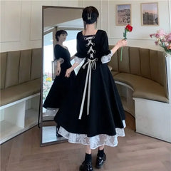 Hnewly  Lolita Unique Large Size Black Dress Women's New Style Hepburn Style Korean Daisy Lace Long Skirt Midi Dress