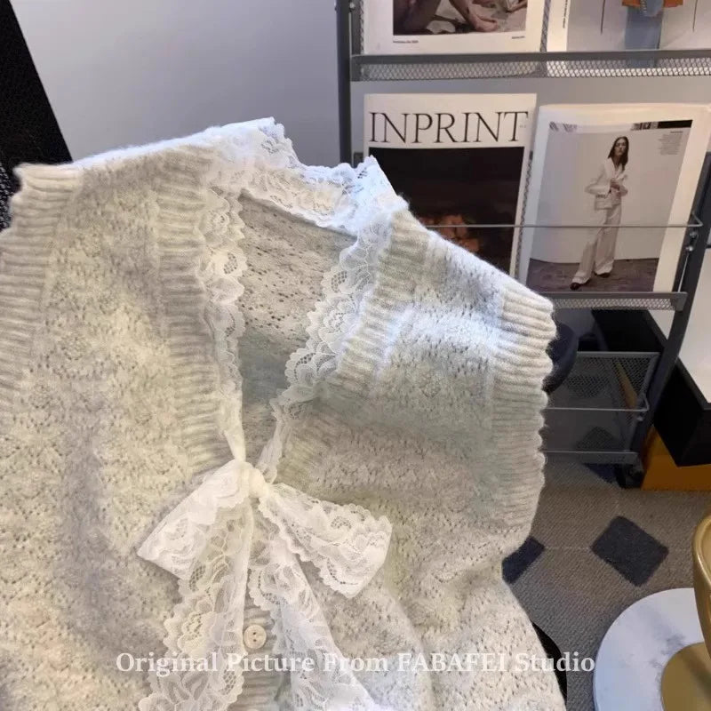 Hnewly  Elegant Lace Bow Sweater Vest Women's 2025 New Spring Autumn Sleeveless V-neck Knitted Pullover Korean Version Versatile Top