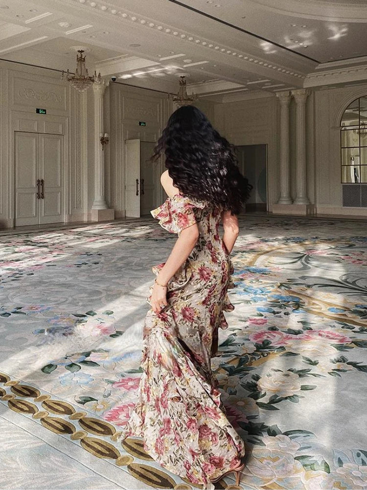 Hnewly French Elegant 2000s Vintage Dress Women Floral Floor-Length Sexy Wedding Party Long Boho Dress Beach Style 2024 Summer Y2k Chic