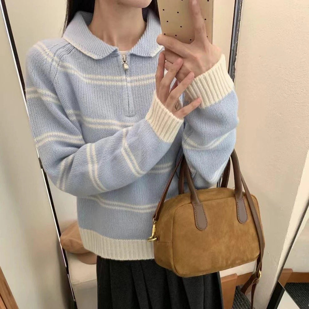 Hnewly  Stripe Short Sweater Women's Korean Style Autumn Winter 2025 New Fashion Contrast Color Knitwear Long Sleeve Pullover Tops