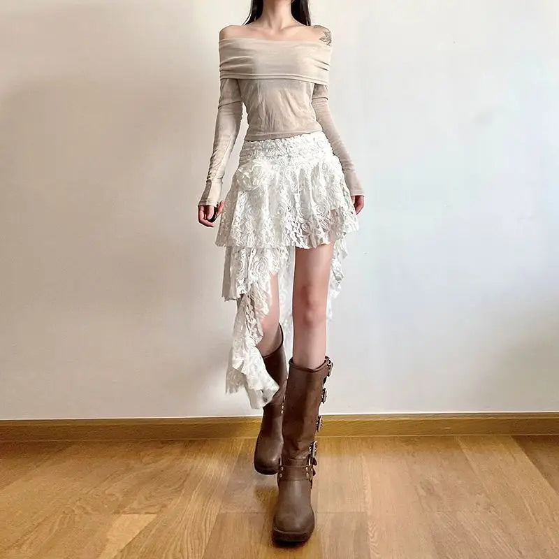 Hnewly Vintage Boho Lace Skirt Women White Asymmetrical Skirts Elegant Fairycore Korean Fashion Tull Irregular Short Mid Skirt