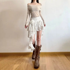 Hnewly Vintage Boho Lace Skirt Women White Asymmetrical Skirts Elegant Fairycore Korean Fashion Tull Irregular Short Mid Skirt