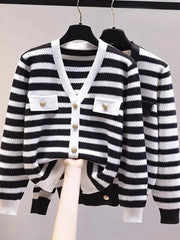 Hnewly  Elegant Striped Knit Cardigan Sweater Spring Autumn New V-neck Long Sleeved Jacket Women's Fashion Gold Button Coat Top