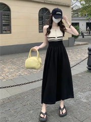 Hnewly  Contrast Color Striped Sleeveless Vest for Women in Summer New Waist-hugging and Slimming A-line Midi Dress the dress black dress white dress