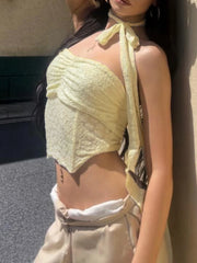 Hnewly Fashion Lace Spliced Slim Fit Women Sexy Strap Tops Summer Sheer Chic Ruched Backless Trendy Tank