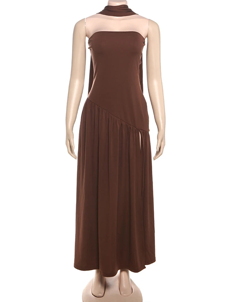 Hnewly  Backless Patchwork Dress Women Summer Draped Side Slit Ribbon Strapless Sleeveless Elegant Birthday Party Vestidos
