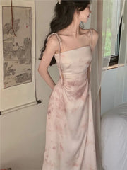 Hnewly  Summer Women Spaghetti Strap Elegant Midi Satin Dresses Vintage Wedding Evening Birthday Holiday Beach Backless Prom Clothes New