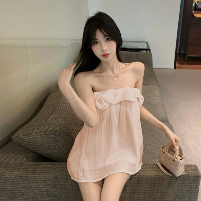 Hnewly  Tank Tops Women Ruffles Ruched Slash Neck Solid Slim Backless Sweet Elegant Camis Sexy Ladies Casual French Style Chic