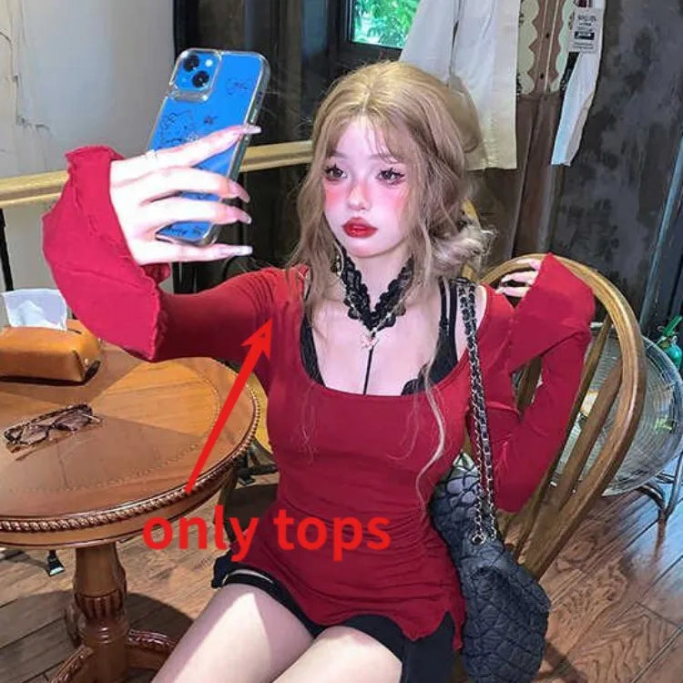 Hnewly spring birthday outfit Fashion Vintage Halter Sexy Lace Black Vest+ Y2k Slim Fit Long Sleeve Red Tops Women 2025 Early Autum New Two Piece Sets
