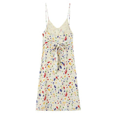 Lunivop  Holiday Women Beige with Colored Geometric Dot Print Sling Dress V Collar Tie Bow Back Midi Long Dresses Vestidos Summer Robe