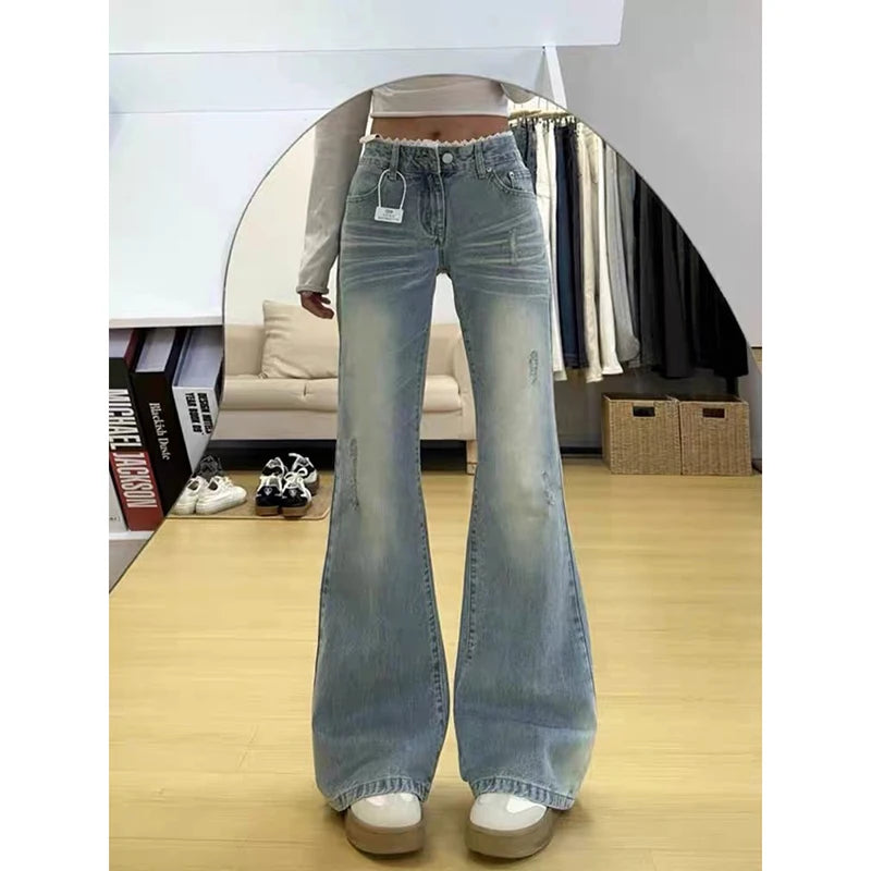 Hnewly  Women's Low Rise Flare Jeans Japanese American Retro Jeans Korean Denim Pants Abi Y2k Bell Bottom High Street Grunge New