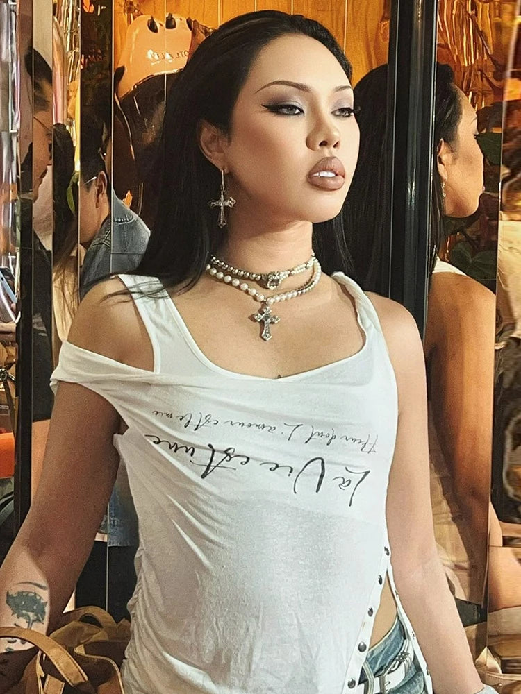 Hnewly  Irregular Button Crop Tops Women Ruched Biased Collar Letter Print Side Slit Daily Casual Simple Street Basic Tees