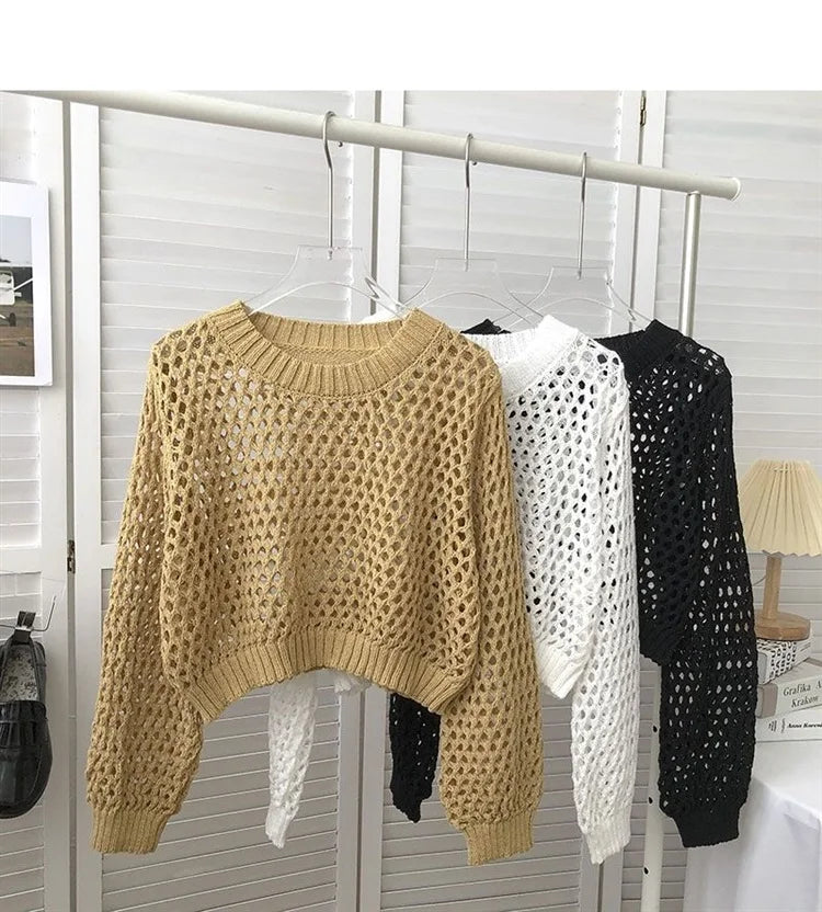 Hnewly Hollow Sun Protection Shirt Women's Summer Loose Pullover O-Neck Puff Long Sleeve Air Conditioning Knitwear Korean Retro Top