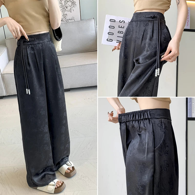 Hnewly New 2024 Spring Summer Wide Leg Loose Pants For Women Black Or White Color Chinese Style High Waist Jacquard Trousers Women