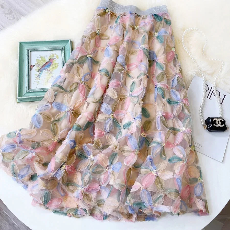 Hnewly Vintage Beading 3D Floral Tulle Long Skirt Women Summer Elegant Elastic High Waist A Lien Pleated Skirts Female Faldas Aesthetic