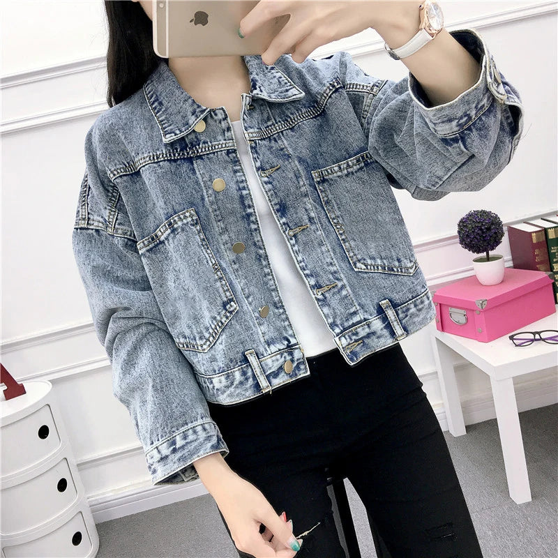 Hnewly Jean Jacket for Women Spring Autumn New Korean Bat Sleeved Short Top Loose BF Style Student Fashion Turn-down Collar Denim Coat