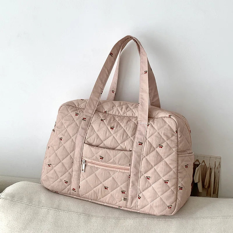 Hnewly  Portable Duffle Luggage Travel Bag Cherry Quilted Cotton Mommy Handbag Large Capacity Shoulder Bags For Women