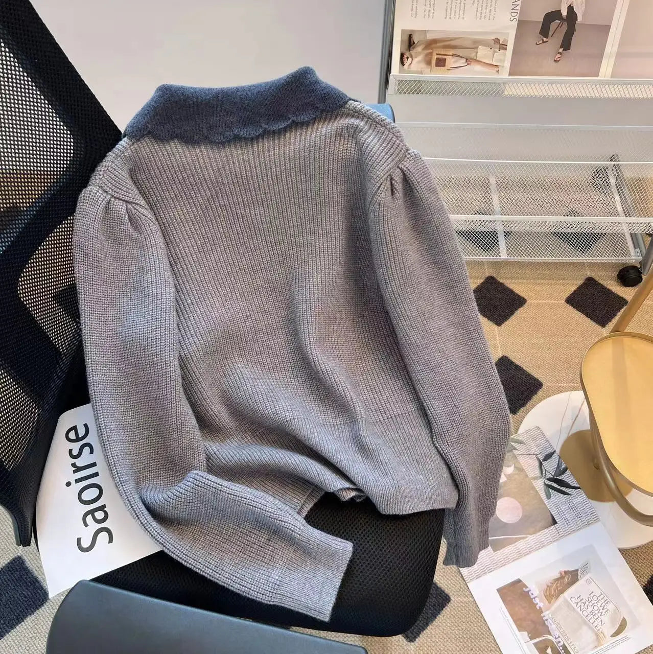 Hnewly  Women's Spring Autumn Sweater New Elegant Grey Lapel Long Sleeve Single Breasted Slim Fashion All-Match Short Coat