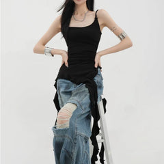 Hnewly  Sexy Tank Top Asymmetrical Black Y2k Women Ruffle Grunge Backless Coquette Fashion Streetwear Tops Solid Aesthetics