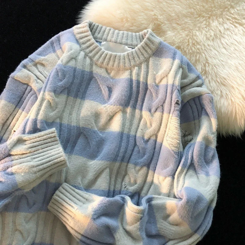Hnewly  Women Striped Retro Knitted Sweater Spring Autumn Loose Versatile Pullover Casual Fashion Holes Round Neck Long Sleeved Top