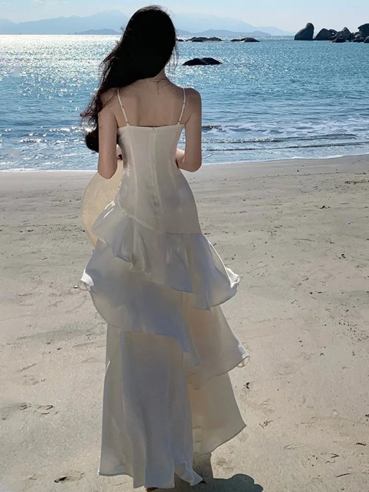 Hnewly Summer Spaghetti Strap Elegant Chic Women's Long Dress Slim A-Line Pleated Party Prom Dresses French Sling New Mujer Vestidos