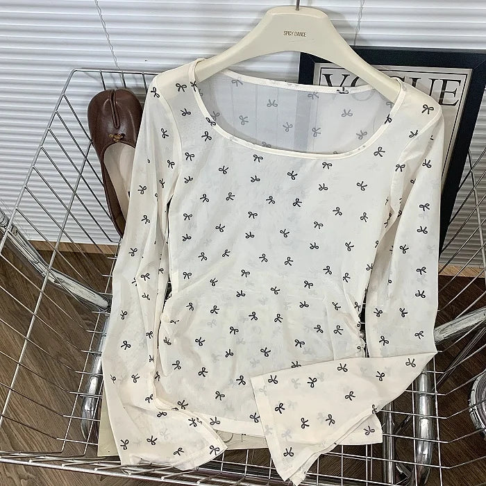 Hnewly Pink Bow Printed Long Sleeved T-shirt Women's Spring  Summer Sun Protection Top Korean Version Round Neck Slim Fit Versatile Tee