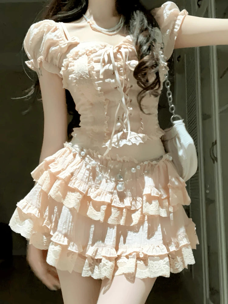 Hnewly Elegant Sweet 2 Piece Skirt Sets Female Lace Pleated Y2k Crop Top + Cute Mini Cake Skirts Japanese Lolita Vintage Suits Summer