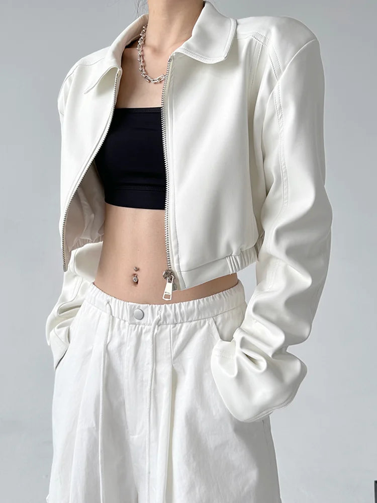 Hnewly American Vintage Pu Leather Women Jacket Y2K Black Lapel Long Sleeve Crop Coats Harajuku Streetwear Zipper Casual Outerwear