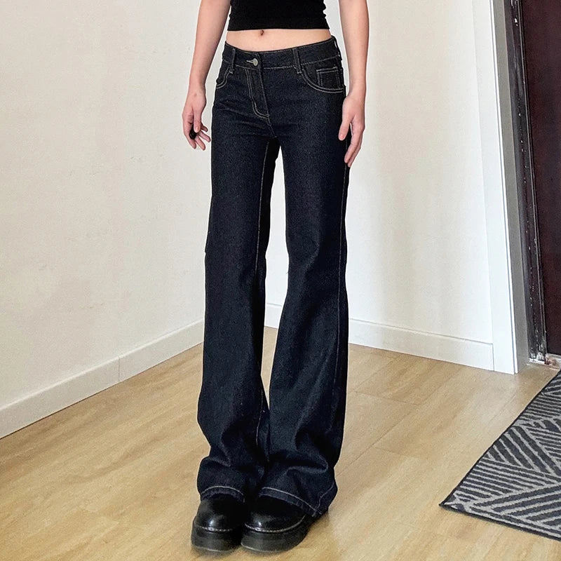 Hnewly Dark Blue Basic Jeans Streetwear Letter Embroidery  Low Rise Straight Denim Pants Women Korean Style Baggy Casual Trouser