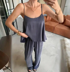 Hnewly  Autumn New Solid Color Sleeveless Cami Top & Wide - Leg Trousers Set, Comfortable Two - Piece Outfit, Ideal for Lounging