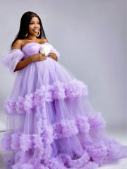 Hnewly  Latest Lilac Tulle Maternity Dresses with Ruffles Off Shoulder Pregnant Woman Photoshoot Robes Cusomized Ball Gown Party Dress