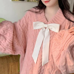 Hnewly  Bow Tie V-Neck Sweater Women Twist Loose Lazy Pink Lantern Sleeve Knitted Pullover Solid Fashion Pretty Style Female  Jumpers