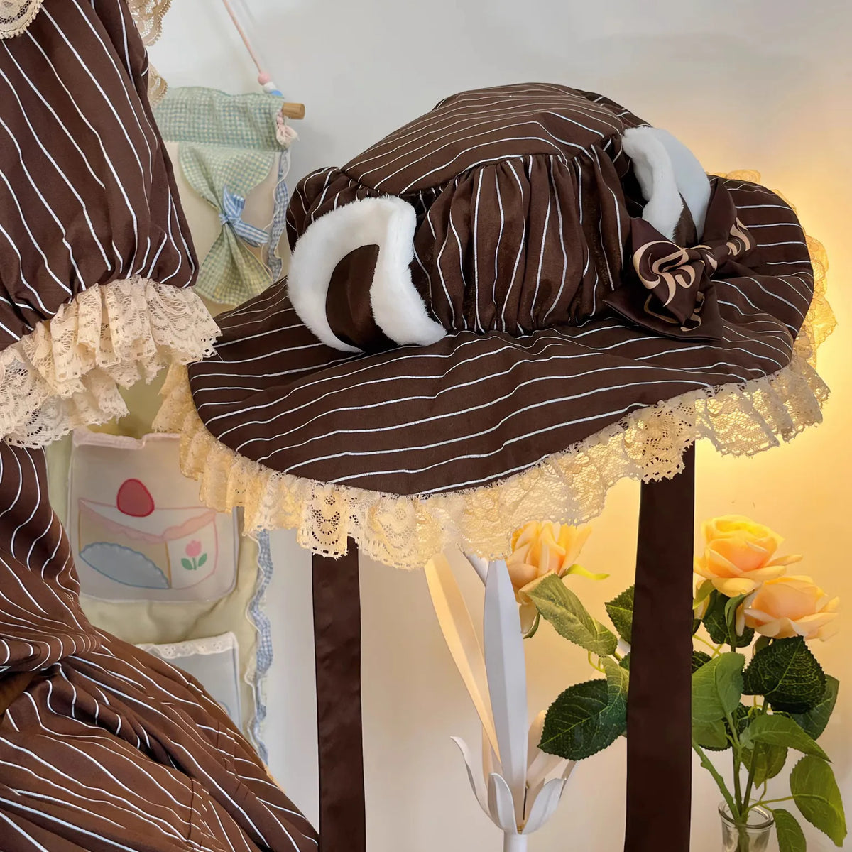 Hnewly  Lost Cherry Lolita Original Design Hazelnut Sea Salt Bear Ribbon Hats Hand Sleeves Lolita Cosplay Accessories