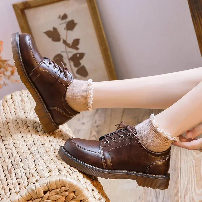 Hnewly New Women Oxfords Women's Shoes Ladies Leather Female Round Toe Sewing Retro Comfortable Footwear Lolita Shoe Brown 40