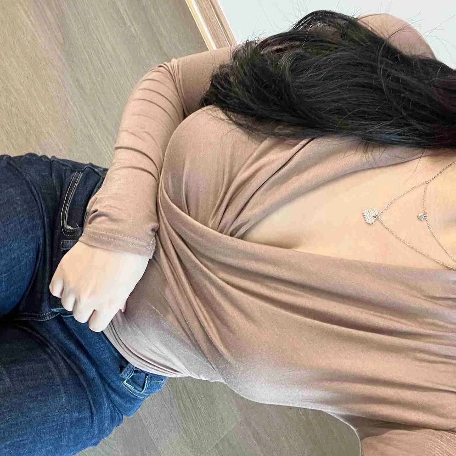 Hnewly V-neck WOMENGAGA Thin Long Sleeve Wine Red Cross Short Top Autumn Slim High Waist Sexy Base T Shirt Undershirts tees Women W9SJ